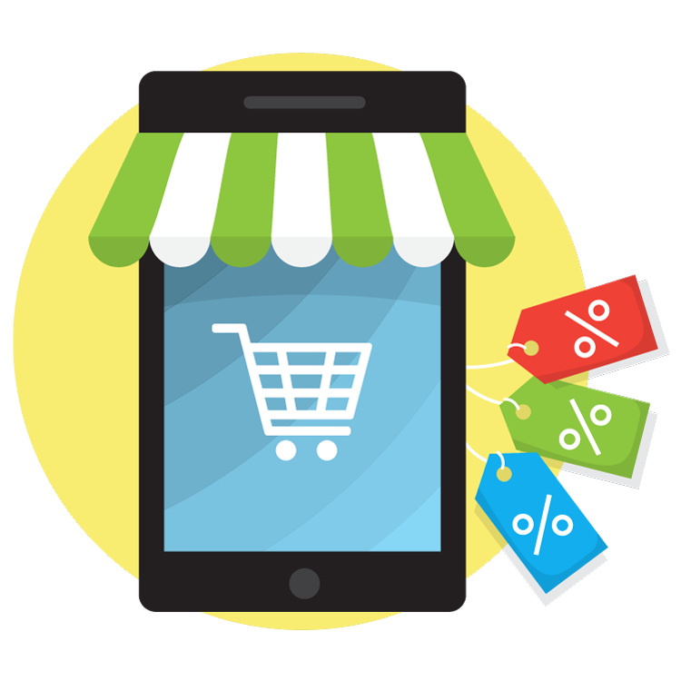 illustration of a smart phone with a cart and coupon code tags