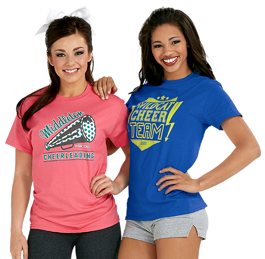 two cheerleaders standing side by side in custom t-shirts